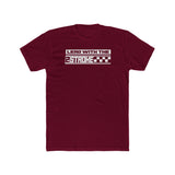 Maroon "Lead with the 2-Stroke" T-Shirt featuring bold white lettering and checkered design for moto enthusiasts.