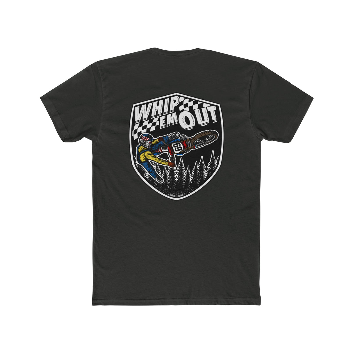 "Whip 'Em Out shirt featuring Ronnie Mac 69 performing signature stunt on dirt bike, black tee with bold graphic design."