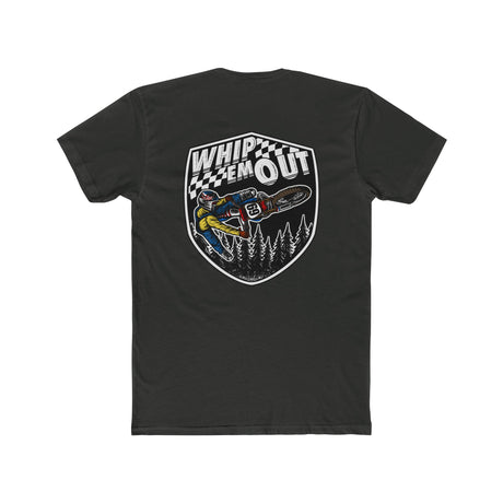 "Whip 'Em Out shirt featuring Ronnie Mac 69 performing signature stunt on dirt bike, black tee with bold graphic design."
