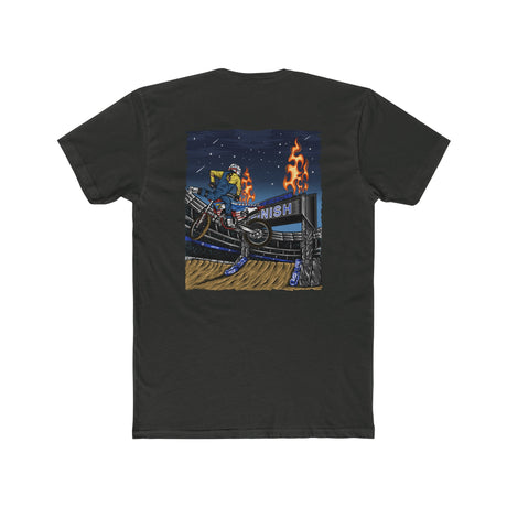 Supercross Mac Nac Shirt featuring graphic of Ronnie Mac performing stunt under stars with flames in the background.