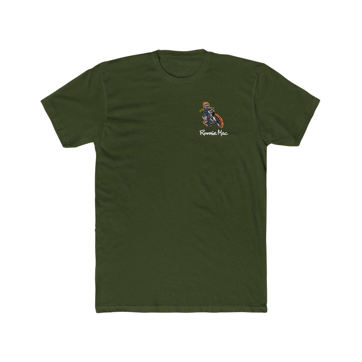 Olive green Ghost Rider Ronnie Mac shirt with skeleton head design and flames.