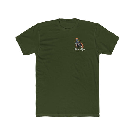 Olive green Ghost Rider Ronnie Mac shirt with skeleton head design and flames.