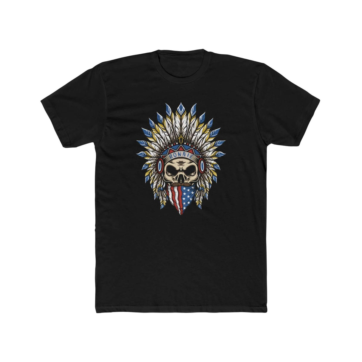 Skeleton Ronnie Mac shirt with American bandana and feathered hat, a tribute to motocross spirit and style.