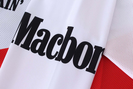 Close-up of Macboro 69 Jersey showing bold Macboro text on vented polyester mesh fabric