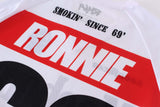 Back of Macboro 69 jersey with "Ronnie" and "Smokin' Since 69'" printed, featuring vented polyester mesh.
