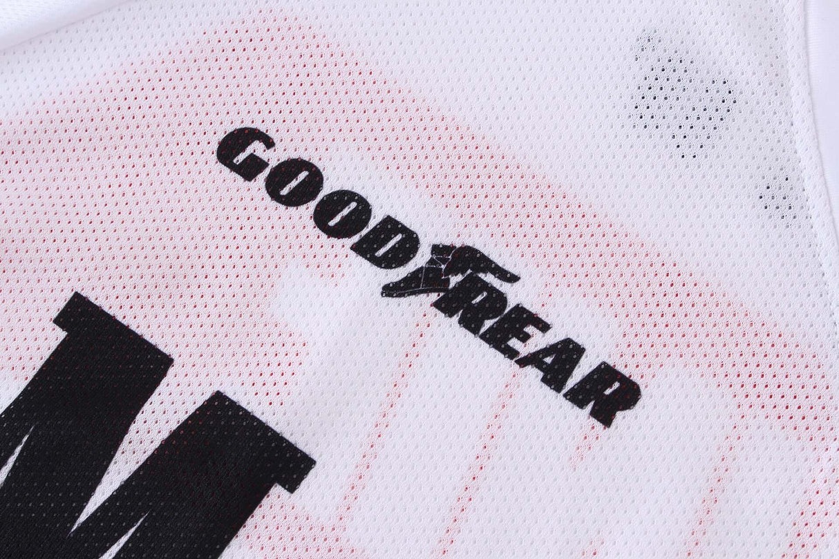 Close-up of Macboro 69 Jersey with Goodyear logo on vented polyester mesh fabric