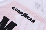 Close-up of Macboro 69 Jersey with Goodyear logo on vented polyester mesh fabric