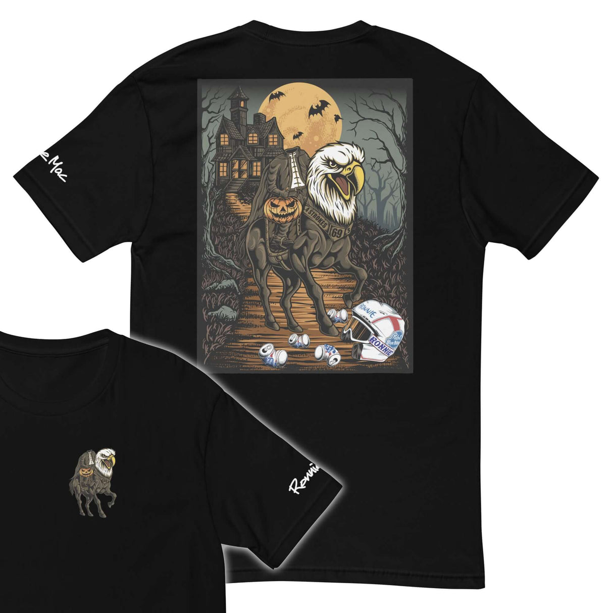 Headless Mac Shirt featuring a headless rider on an eagle-headed horse with a pumpkin, perfect for Halloween vibes.