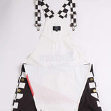 Macboro Overalls featuring black and white checkered straps and black pocket accents, designed for durability and style with a bold look
