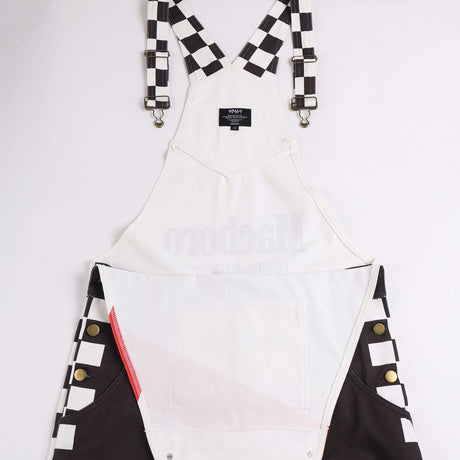 Macboro Overalls featuring black and white checkered straps and black pocket accents, designed for durability and style with a bold look