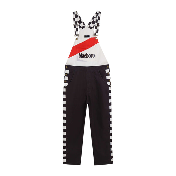 Macboro Overalls featuring a checkered black and white design with a red stripe and the Macboro logo on the front