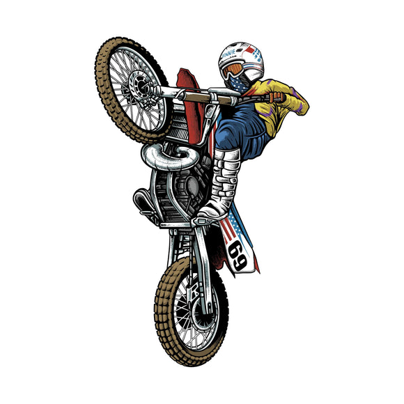 Ronnie Mac performing an air wheelie on a dirt bike, featured in high-energy motorsport-themed wall decal.