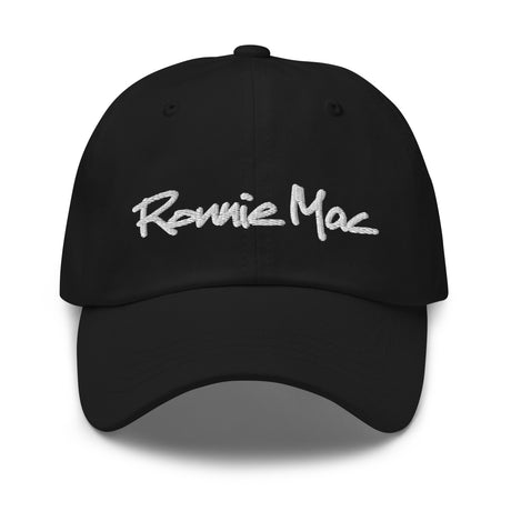 Black Ronnie Mac embroidered dad hat with adjustable strap and chino cotton twill fabric.