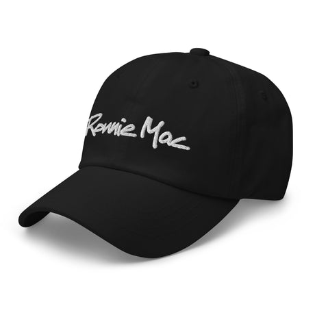 Black Ronnie Mac embroidered dad hat with adjustable strap and antique buckle, made of 100% chino cotton twill.