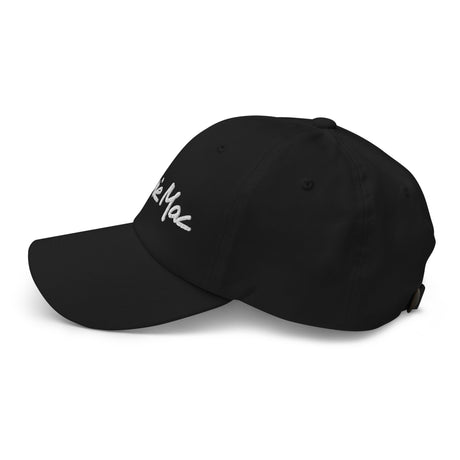 Black Ronnie Mac embroidered dad hat, 100% chino cotton twill, low-profile design with adjustable strap and antique buckle.