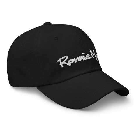 Black Ronnie Mac embroidered dad hat with adjustable antique buckle and low-profile design.