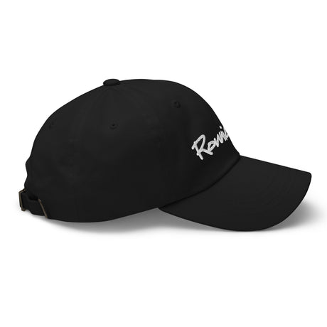 Black Ronnie Mac embroidered dad hat, side view, showing adjustable strap and antique buckle, unstructured low-profile design.