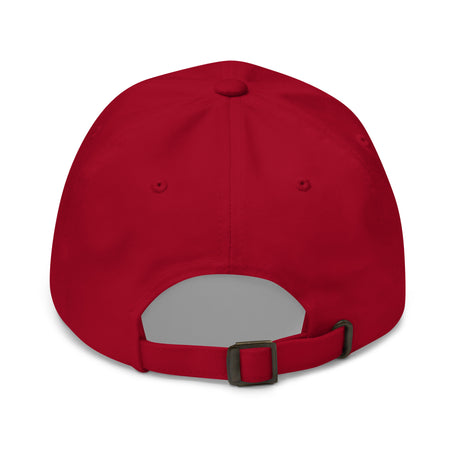 Red Ronnie Mac embroidered dad hat with adjustable strap and antique buckle, showing back view.