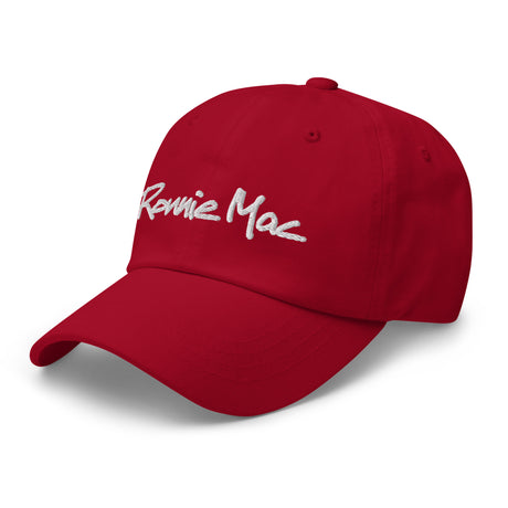 Red Ronnie Mac embroidered dad hat with adjustable strap and low-profile design.