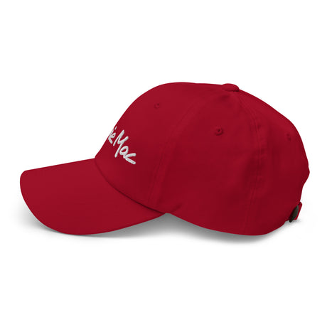Red Ronnie Mac embroidered dad hat with adjustable strap, side profile view showing low-profile crown design.
