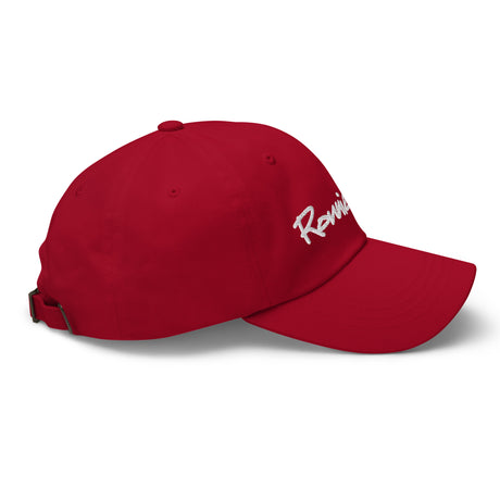 Red Ronnie Mac embroidered dad hat featuring an adjustable strap with antique buckle, crafted from 100% chino cotton twill.