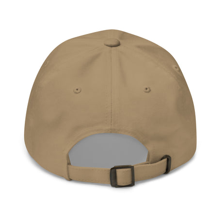 Back view of khaki Ronnie Mac Embroidered Dad Hat with adjustable strap and antique buckle