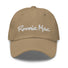 Ronnie Mac embroidered dad hat in khaki chino cotton twill with adjustable strap and antique buckle, front view.