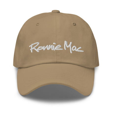 Ronnie Mac embroidered dad hat in khaki chino cotton twill with adjustable strap and antique buckle, front view.