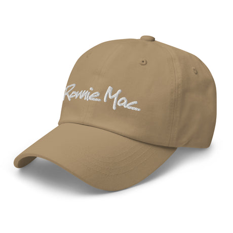 Ronnie Mac embroidered dad hat in khaki, featuring a classic unstructured design with adjustable strap and antique buckle.