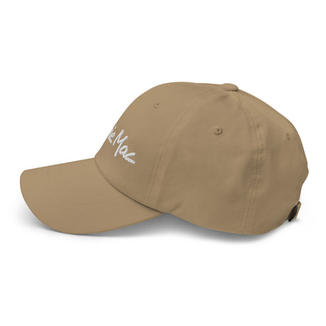 Ronnie Mac Embroidered Dad Hat in khaki, featuring white embroidery, adjustable strap with antique buckle, and low-profile design.