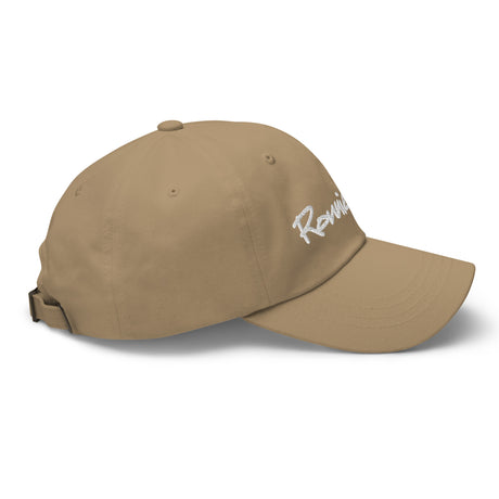 Ronnie Mac embroidered dad hat in khaki, featuring adjustable strap with antique buckle and classic low-profile design.