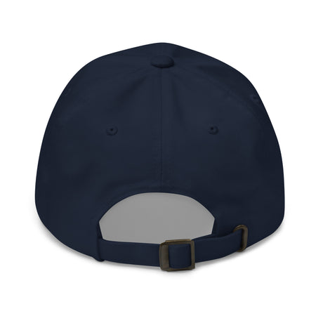 Navy blue Ronnie Mac embroidered dad hat with adjustable strap and antique buckle, back view.