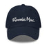Ronnie Mac embroidered dad hat, navy blue, 100% chino cotton twill, low-profile with adjustable strap and antique buckle.