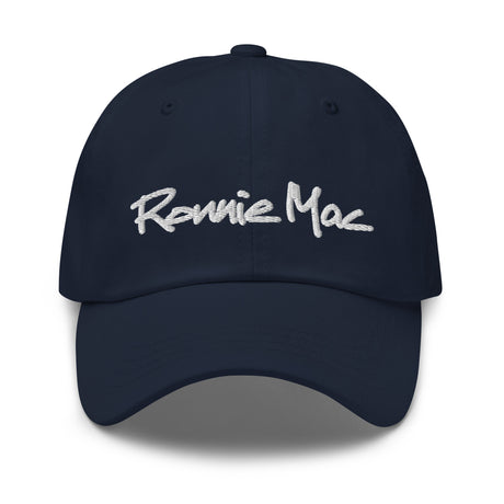 Ronnie Mac embroidered dad hat, navy blue, 100% chino cotton twill, low-profile with adjustable strap and antique buckle.