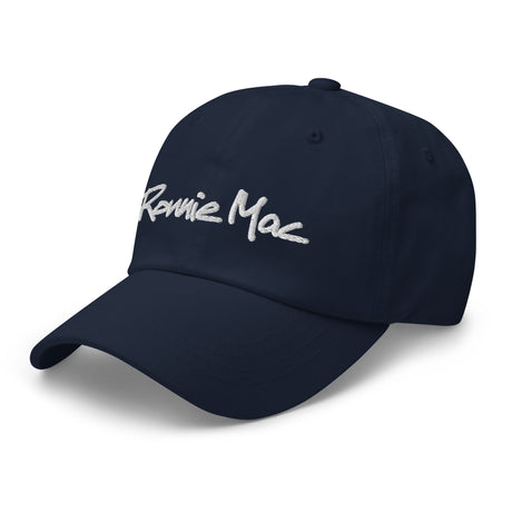 Ronnie Mac embroidered dad hat in navy blue with white lettering, 100% chino cotton twill, low-profile design.