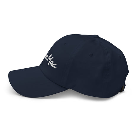 Ronnie Mac embroidered dad hat in navy blue with adjustable strap and antique buckle, made from 100% chino cotton twill.
