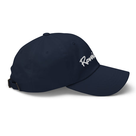 Ronnie Mac embroidered navy dad hat with adjustable strap and antique buckle, side view.