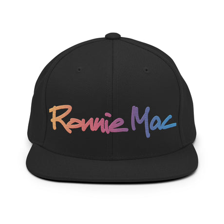Ronnie Mac gradient embroidered snapback hat with a classic fit and flat brim, featuring vibrant multicolor text.