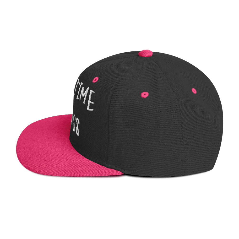 Black and pink snapback hat with "Fulltime Badass" embroidery and a flat brim, from Ronnie Mac's store.