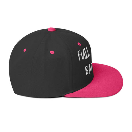 Fulltime Badass embroidered snapback hat with black body and pink flat brim, side view.