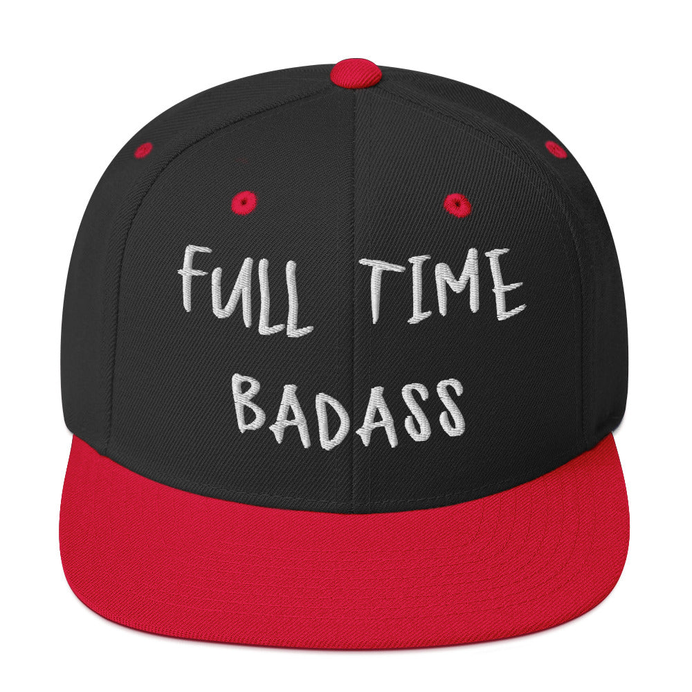 Black and red snapback hat with "Full Time Badass" embroidered in white on the front, showcasing bold style from Ronnie Mac's collection.