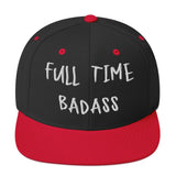 Black and red snapback hat with "Full Time Badass" embroidered in white on the front, showcasing bold style from Ronnie Mac's collection.