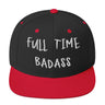 Black and red snapback hat with "Full Time Badass" embroidered in white on the front, showcasing bold style from Ronnie Mac's collection.