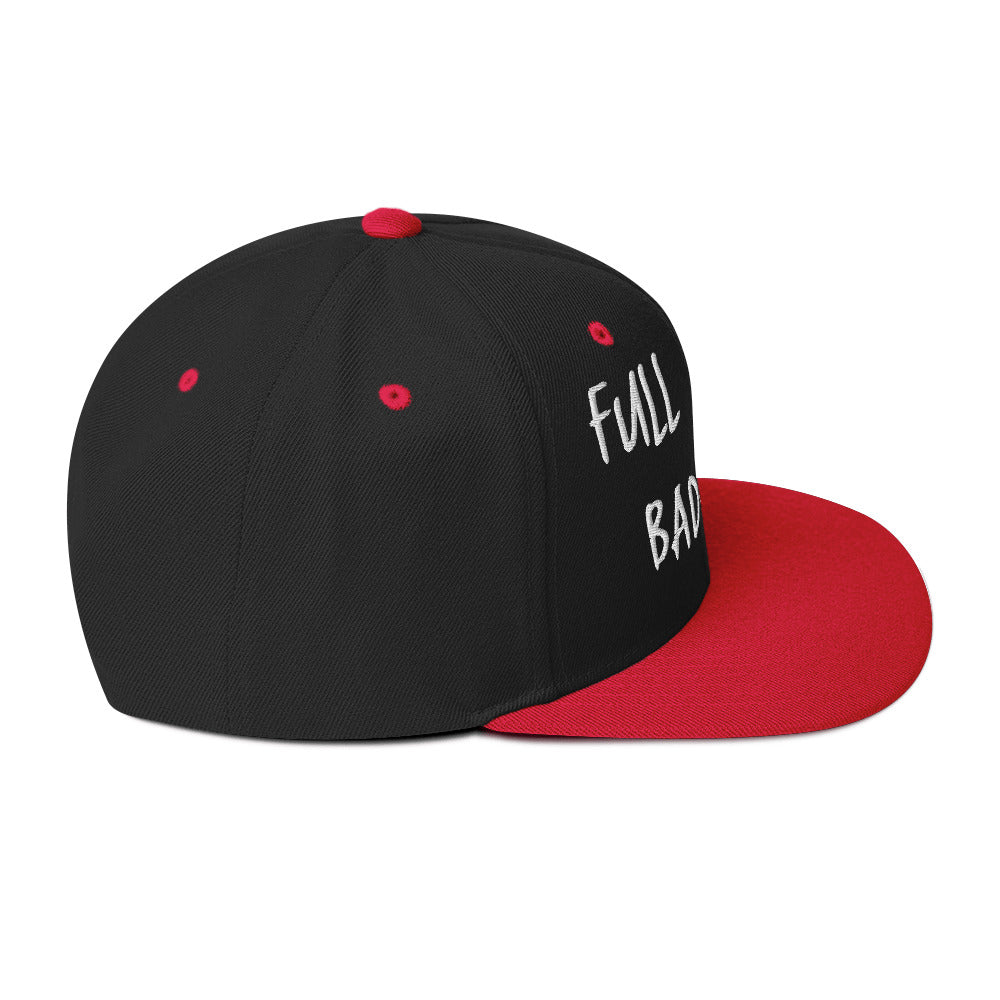 Black and red "Fulltime Badass" embroidered snapback hat with flat brim, side view.
