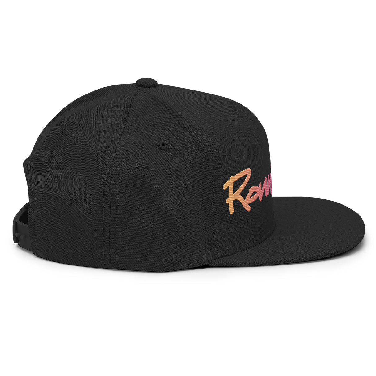 Ronnie Mac gradient embroidered snapback hat side view with a flat brim and adjustable snap closure.