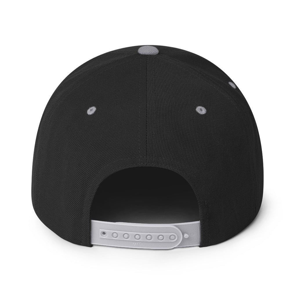 Rear view of 4-Strokes Suck embroidered snapback hat with adjustable strap in black