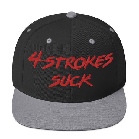 Black and gray "4-Strokes Suck" embroidered snapback hat with red lettering