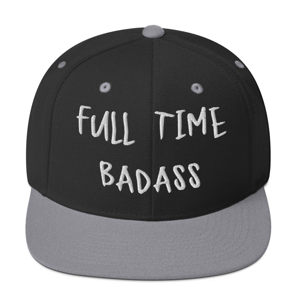 Black and gray Fulltime Badass snapback hat with bold embroidery on the front, designed for a daring and stylish look.