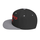 "4-Strokes Suck" embroidered snapback hat with black crown and grey flat brim, showcasing bold red text on side.