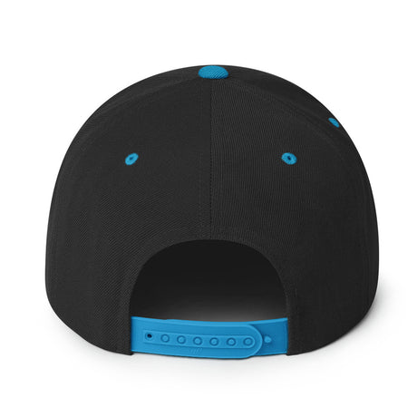 Back view of Fulltime Badass Snapback Hat in black with blue accents and adjustable strap from Ronnie Mac's store.